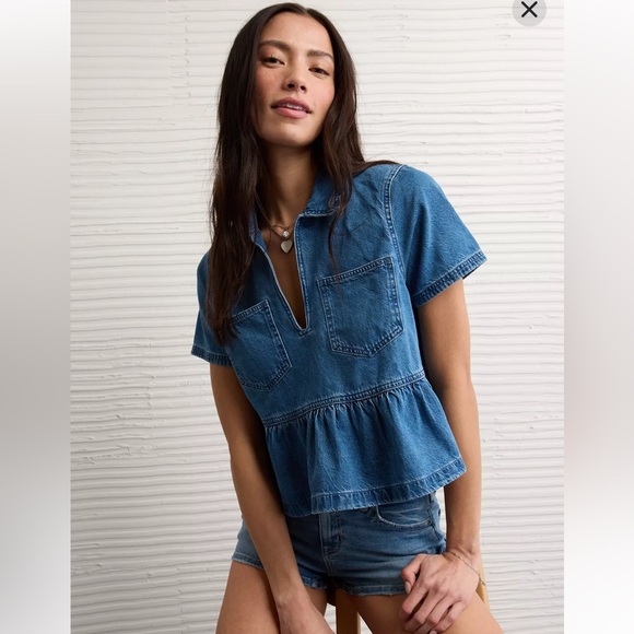 NWT American Eagle Denim Popover Denim Peplum Short-Sleeve Top - Picture 3 of 6